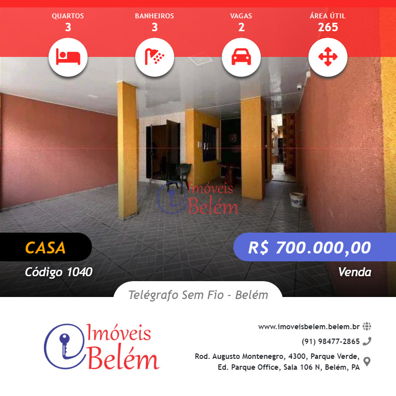 Imóveis Belém vende casa com dois Pavimentos no Telégrafo.